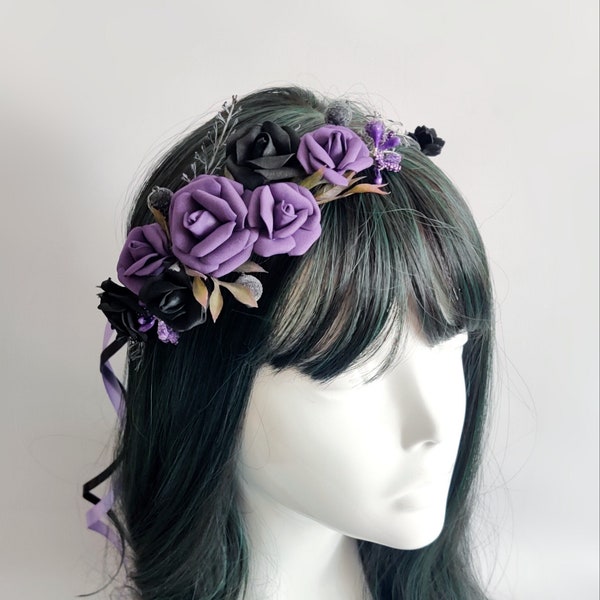 Black purple flower crown dark purple wedding headband black flower wreath Gothic bridal crown Halloween wedding eggplant black hairpiece