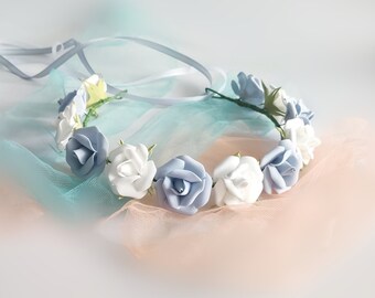 Light Gray Floral Crown, Flower hair wreath, Maternity photoshoot, Wedding headpiece, Flower girl headband