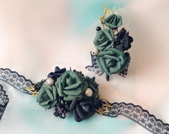 Emerald green black and gold corsage and boutonniere gothic prom corsage emerald wedding bracelet corsage wristlet bridesmaid flower corsage