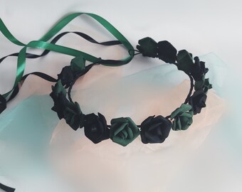 Emerald black flower crown, Dark green headpiece, Forest wedding headband, Flower girl hair wreath