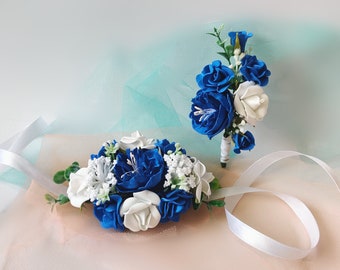 Corsage and boutonniere set royal blue prom corsage wristlet blue flower bracelet groomsmen lapel pin blue wedding wrist corsage pin on