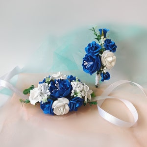 Corsage and boutonniere set royal blue prom corsage wristlet blue flower bracelet groomsmen lapel pin blue wedding wrist corsage pin on