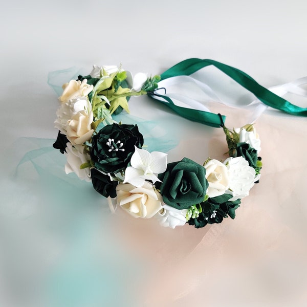 Flower crown emerald green and champagne wedding flowers Emerald cream bridal wreath Flower girl headband forest green gold boho hairpiece