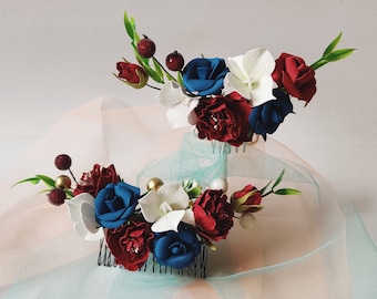 Floral Hair Comb, Red, White & Blue Wedding Hair Piece