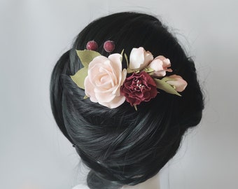 Blush Pink & Burgundy Flower Hair Comb, Rose Hair Clip