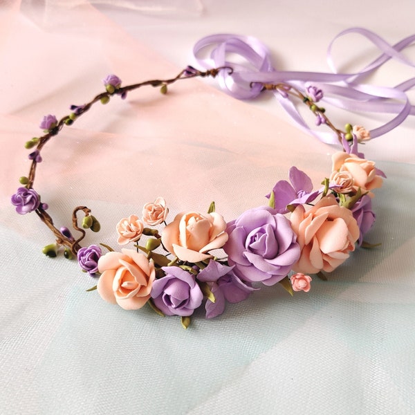 Purple peach baby flower crown lavender flower wreath purple flower headband lilac bridal wedding wreath purple hairpiece