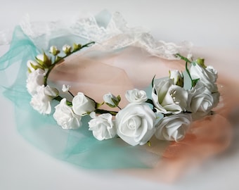 White Rose Flower Crown - First Communion, Wedding Hair Piece