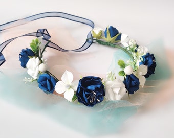 Wedding Silk Flower Band Halo Flower Girl Head Piece Solid Color Royal blue