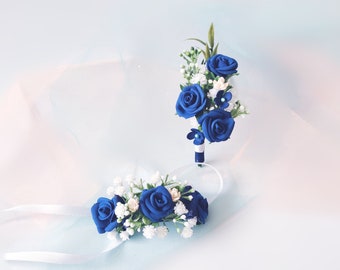 Navy Blue Wrist Corsage and Boutonniere Set for Prom and Wedding, Blue Flower Accessories