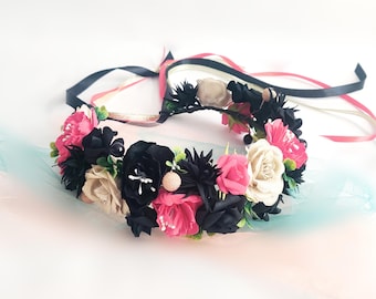 Black and Gold Flower Crown, Red Floral Wreath, Halloween Wedding Headband, Flower girl