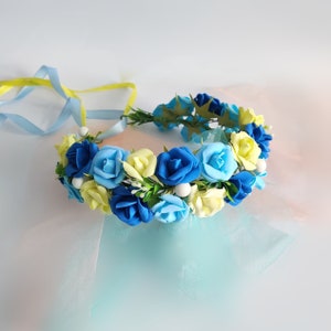 Flower crown royal blue and yellow flower wreath Ukrainian wedding crown Summer festival crown Flower girl headband Light blue hair wreath