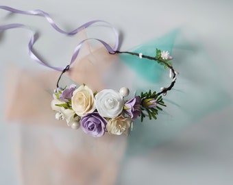 Lavender and cream flower crown, Purple floral wreath, pastel wedding head piece, Girl headband