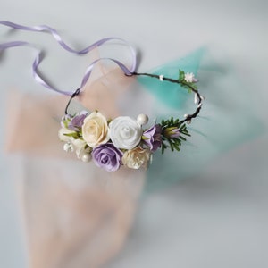 Lavender and cream flower crown purple flower wreath pastel wedding crown baby head piece flower girl headband purple bridal halo