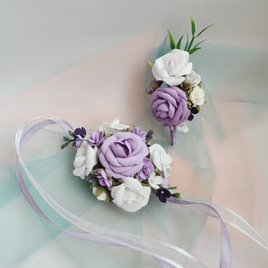 Purple lavender flower wrist corsage and boutonniere set prom corsage wristlet groom lapel pin mother of the bride purple wedding corsage