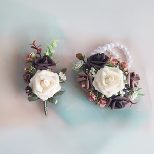 Prom flowers set rust flower corsage and boutonniere champagne corsage terracotta wedding flower bracelet fall wedding corsage rustic beige
