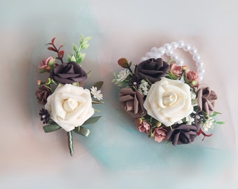 Prom flowers set rust flower corsage and boutonniere champagne corsage terracotta wedding flower bracelet fall wedding corsage rustic beige