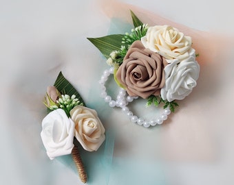 Champagne Rose Wrist Corsage and Boutonniere Set, Beige Bridal Flower