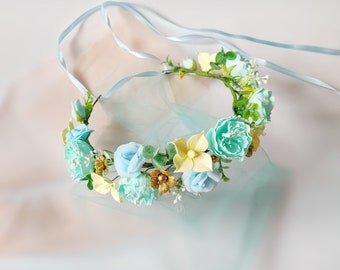 Flower crown mint green and pastel yellow wedding floral crown Flower girl headband teal flower headpiece Festive crown quinceanera crown