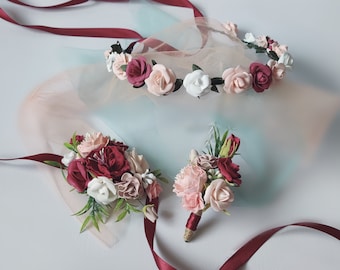 Red Rose Flower Crown: Burgundy Blush Floral Headpiece