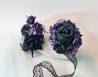 Gothic Black Purple Corsage Boutonniere Set for Prom 2026 or Halloween Wedding