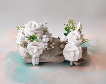 White rose corsage & boutonniere set, Gold accent Wedding or Prom flowers