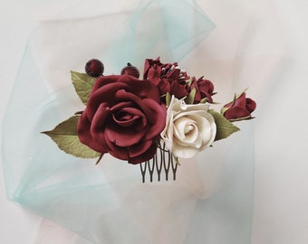 Burgundy Blush Pink Flower Hair Comb, Fall Wedding Hairpiece