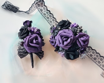 Wrist corsage black and purple Prom corsage black boutonniere plum flower bracelet Halloween wedding gothic wedding corsage dark purple