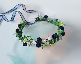 Navy & Blush Flower Crown: Wedding Hair Wreath, Festival Headpiece