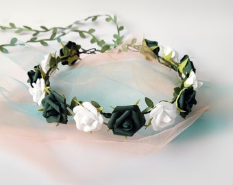 Emerald green flower crown rustic wedding crown emerald bridesmaid headpiece green floral wreath dark green hair crown flower girl headband