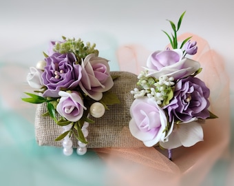 Corsage and boutonniere set lavender prom corsage groomsmen lapel pin baby shower corsage purple corsage wristlet wedding wrist corsage