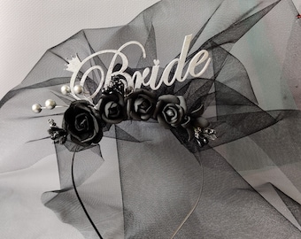 Gothic bachelorette party black bride to be headband, bridal shower veil, Halloween spooky bachelorette
