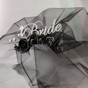 Gothic bachelorette party black bride to be headband, bridal shower veil, Halloween spooky bachelorette
