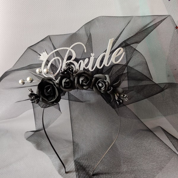 Diadema negra para despedida de soltera gótica, velo para despedida de soltera, despedida de soltera espeluznante de Halloween
