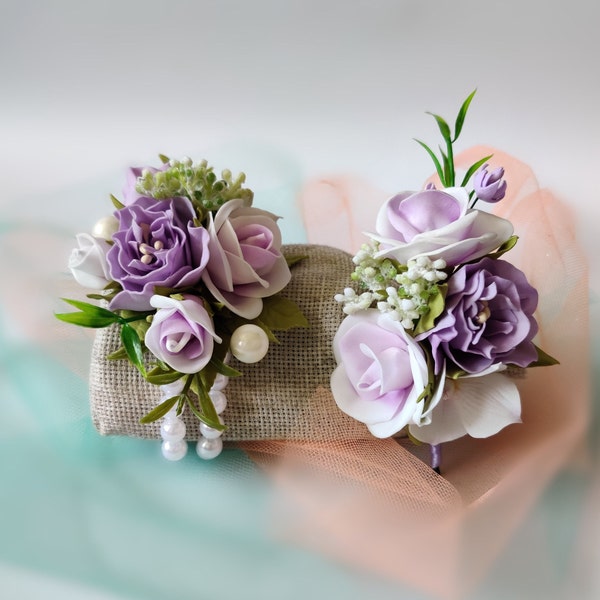 Corsage and boutonniere set lavender prom corsage groomsmen lapel pin baby shower corsage purple corsage wristlet wedding wrist corsage