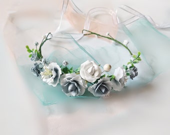 Dusty blue wedding flower crown white grey flower wreath bridal hair piece white floral crown flower girl crown baby flower headband