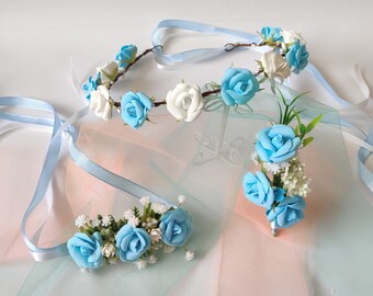 Blue flower crown adult baby flower wreath white blue rose floral crown blue bridesmaids crown flower girl crown blue flower wrist corsage