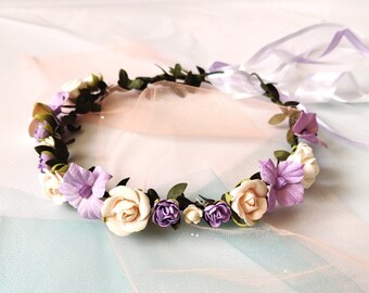 Flower girl crown lavender wedding crown purple cream baby flower crown adult bridal floral crown simple wedding crown lilac flower wreath