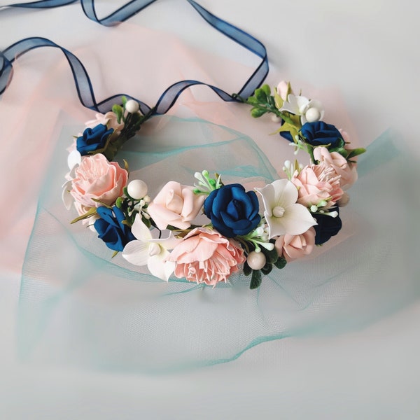 Blush navy flower crown adult blue pink wedding crown Flower girl crown Navy blue hair wreath Baby flower headpiece Fall wedding