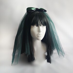 Black and Emerald Green Bow Veil for Gothic Bachelorette Party, Halloween Wedding, Spooky, Witchy