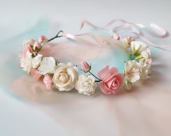 Blush cream flower crown Flower girl headband Pink ivory wedding wreath
