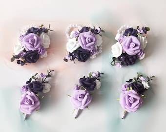 Purple Corsage and Boutonniere Set for Wedding or Prom: Lavender, Plum, and White Roses