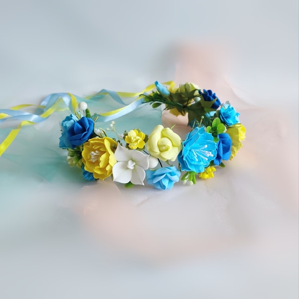 Ukrainian flower crown Blue and yellow flower wreath Maternity crown Ukrainian wedding crown Summer festival crown Flower girl headband