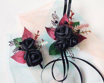Gothic Burgundy & Black Rose Corsage Boutonniere Set