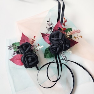 Burgundy and black corsage and boutonniere gothic prom corsage black wedding flower corsage wristlet red and black rose corsage helloween