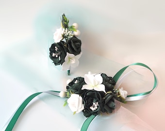 Emerald Green Prom Wrist Corsage and Boutonniere Set 2026, Luxury Forest Wedding Flowers