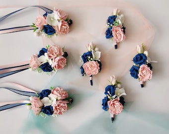 Navy blue blush pink wrist corsage and boutonniere set mother of the bride corsage wristlet blue corsage prom corsage blue wedding corsage
