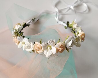 Baby flower crown white flower girl crown bridal flower wreath simple wedding crown dainty floral crown adult white baby shower crown
