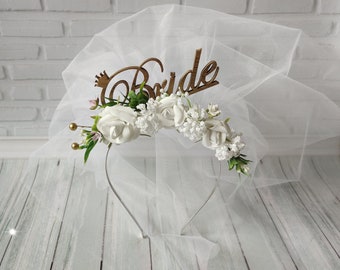 Bachelorette headband with veil, Bride to be crown, Bridal shower gift, Hen party
