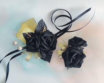 Black Rose Corsage & Boutonniere Set, Gothic Wedding Flowers