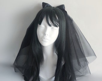 Bachelorette black veil Gothic bride to be headband Spooky gothic bridal shower bow veil Halloween party veil Goth wedding veil black